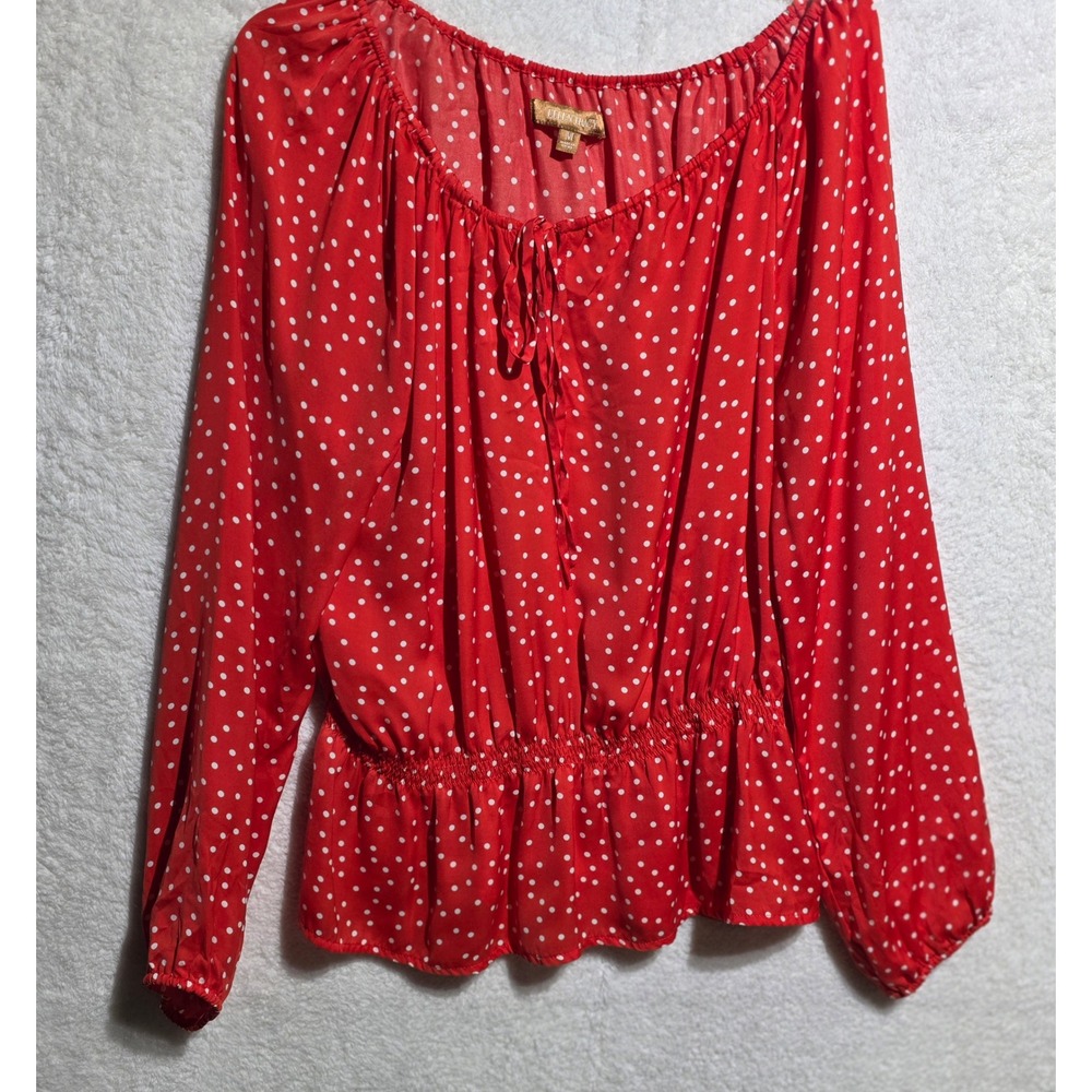 Ellen Tracy Red Polka Dot Peasant Blouse Smocked Waist Tie Front Medium X1B64822